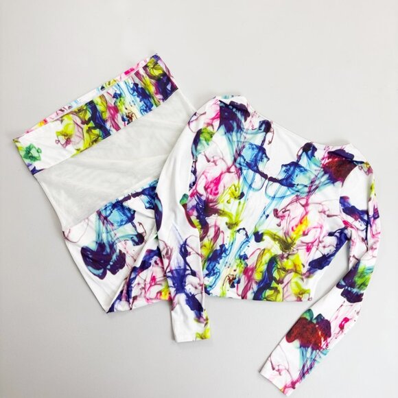 ASOS Low Back Wiggle Midi Dress US 10 NWT Abstract Watercolor Print Mesh Panel - Picture 1 of 11